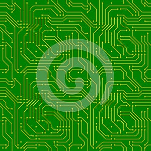 Technology background with golden microchip on green motherboard seamless pattern