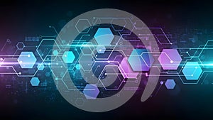 Technology background with hexagonal shapes and glowing lines creating a network design