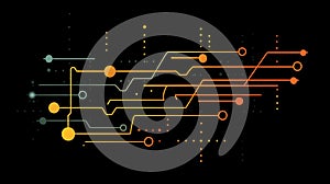 Abstract technology background with orange and gray lines and circles on a black background