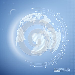 Blue technology background with planet. Web Technology and Internet. Wireframe mesh polygonal element. Vector