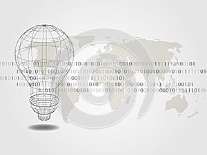 Technology Background. The wireframe of bulb on world map and set of digits as background represents technology and idea concept.