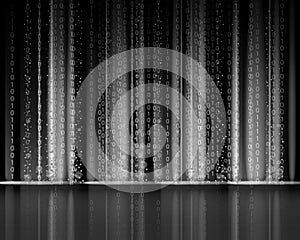 Technology Binary abstract background, matrix style, black color, falling numbers. Digital binary data flow dust on