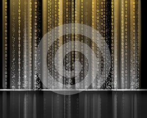 Technology Binary abstract background, matrix style, black color, falling numbers. Digital binary data flow dust on