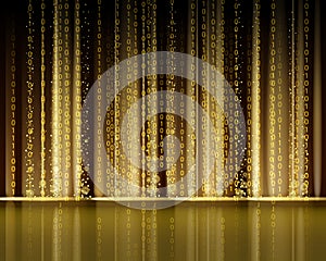 Technology Binary abstract background, matrix style, gold color, falling numbers. Digital binary data flow dust on