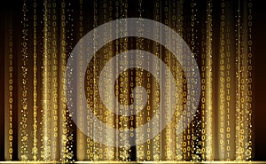 Technology Binary abstract background, matrix style, gold color, falling numbers. Digital binary data flow dust on
