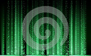 Technology Binary abstract background, matrix style, green color, falling numbers. Digital binary data flow dust on