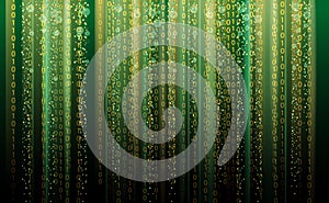 Technology Binary abstract background, matrix style, green color, falling numbers. Digital binary data flow dust on
