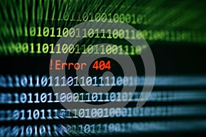 Technology binary code number data alert ! Error 404 message on display screen / Computer network system problem error software