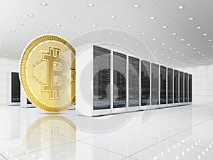 Technology of bitcoin production at the digital farm. Mining of cryptocurrency concept