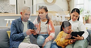 Technology, bonding and parents with their children on a sofa to relax in the living room at home. Happy, love and young