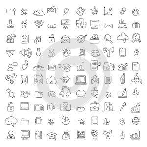 100 technology and business icon set vector illustration sketch doodle hand drawn with black lines isolated on white background