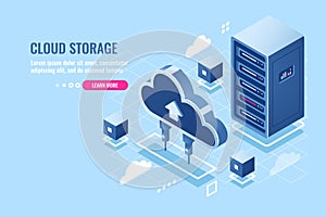 Technology of cloud data storage, server room rack, database and data center isometric icon, abstract concept, download photo