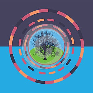 Technology colorful round background with tree. Abstract digital illustration. Connection concept. Electronic round design. Modern