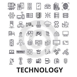 Technology, computer, it, innovation, science, information, cloud network line icons. Editable strokes. Flat design