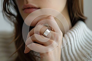 Technology concept - beautiful woman wears a smart ring for better health tracking