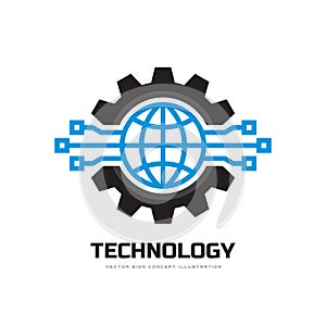 Technology - concept business logo template vector illustration. Globe world and gear symbols. Cogwheel mechanic sign.