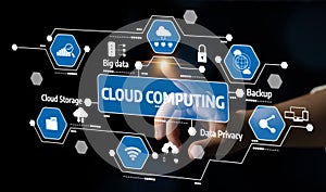 Technology Concept: Cloud Computing with Icons for Data Storage, Analytics, Privacy, and Backup Featuring a Hand