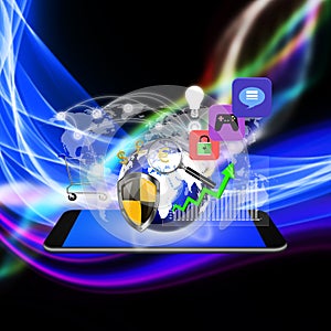 Technology concept with Colorful application icon on smartphone, cell phone illustration