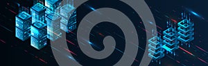 Technology concept for data center with server or hosting. Binary code structure. Big data stream. Abstract Isometric information