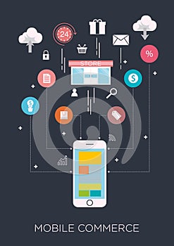 Technology concept idea, e-commerce on mobile and shopping online concept on dark background, flat line vector and illustration.