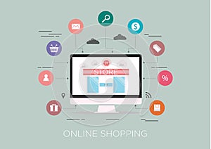 Technology concept idea, e-commerce and online shopping all day and night, shopping online 24 hour flat line vector.