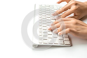 Technology concept isolated. Woman using laptop. Female online work female. Hand typing on desktop office computer