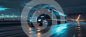 Technology Concept: Self-driving truck with cargo trailer roams the freeway at night while sensors scan the surroundings