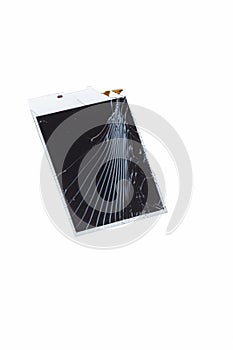 Technology Concepts. Closeup View of Modern Smartphone Broken LCD Touch Screen Isolated Over White Background