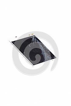 Technology Concepts. Closeup View of Modern Smartphone Broken LCD Touch Screen Isolated Over White Background