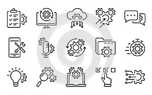 Technology Configuration Line Icon. Gear, Computer, Tool, Speech Bubble Digital Setting Concept Pictogram. Innovation