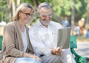 Technology connect and modern lifestyles concept. Aged senior couple waving hands greeting grandkids via facetime video