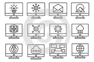 Technology and Data Concepts on Computer Monitors - Outline Icon Set