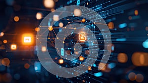 technology data streaming through cyberspace abstract background, binary code ticker display flowing with vibrant bokeh