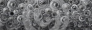 Technology development concept. Background in the form of a banner from various mechanisms. Gears in motion. Concept for design