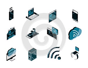 Technology device gadget digital isometric isolated icons set