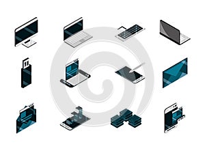 Technology device gadget digital isometric isolated icons set