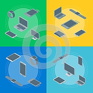 Technology Devices Banner Card Set Isometric View. Vector