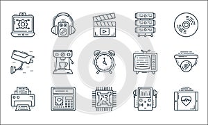 Technology devices line icons. linear set. quality vector line set such as medical app, microprocessor, printer, music player, atm