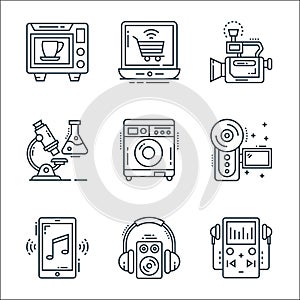 Technology devices line icons. linear set. quality vector line set such as music player, woofer, music player, camcorder, washing