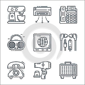 technology devices line icons. linear set. quality vector line set such as television, hair dryer, telephone, handsfree, tablet,