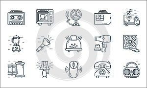 Technology devices line icons. linear set. quality vector line set such as vintage radio, mouse, film reel, telephone, bedroom