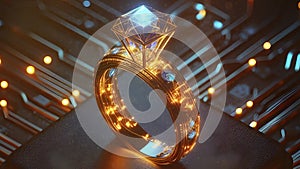 Technology and diamond gem, ring concept. Digital jewelery, blue diamond. Power ring