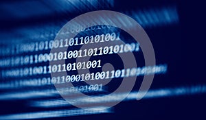 Technology digital binary code data number 0 and 1 on computer screen blue dark background