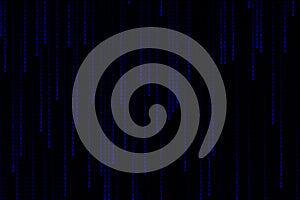 Technology digital matrix dark or black background with binary code in blue color.