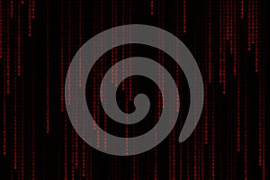 Technology digital matrix dark or black background with binary code in red color.