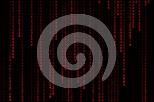 Technology digital matrix dark or black background with binary code in red color.