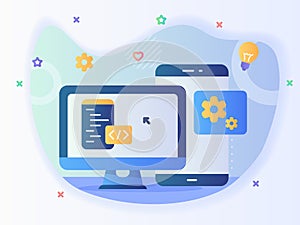 Technology engineer app website program development software concept with code and computer with modern icon style
