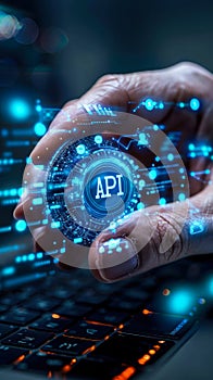 Technology Executive Displaying API Integration Concept with Glowing Icons for Application Programming Interface