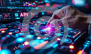 Technology Executive Displaying API Integration Concept with Glowing Icons for Application Programming Interface