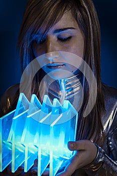 Technology.Fiber Optic concept, woman with modern lights